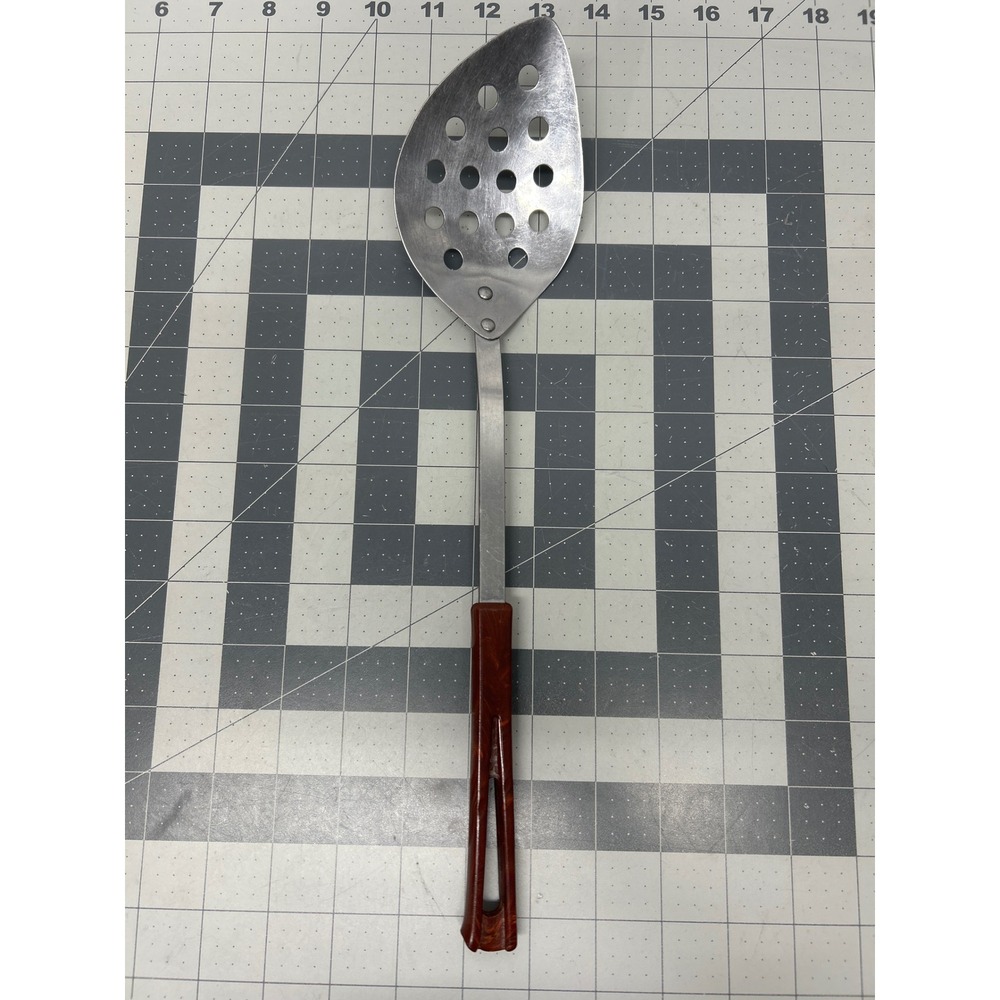Vintage Stanhome Slotted Spatula Turner 14" Brown Handle Stainless Utensil